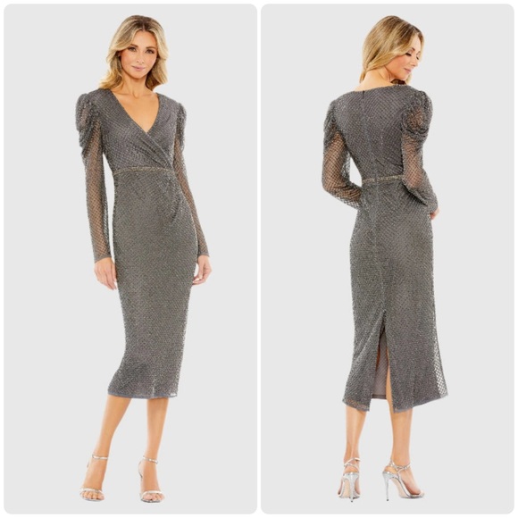 NWI Mac Duggal Size 14 Beaded Wrap Over Puff Sleeve Dress Style 93674 Charcoal